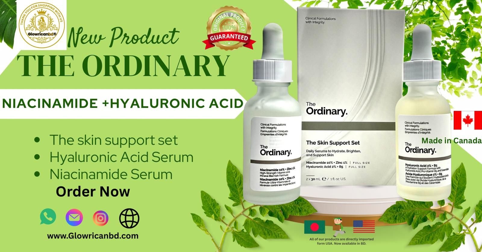 Discover the GlowricanBD Skin-Support Set: Niacinamide + Hyaluronic Acid by The Ordinary